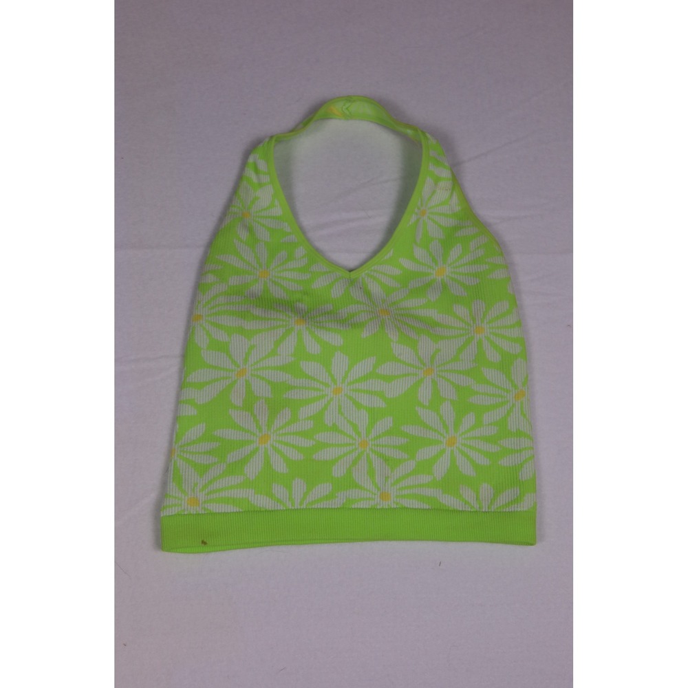 Forever 21 Lime Green Daisy Floral Ribbed Halter Top Sleeveless V-Neck Small